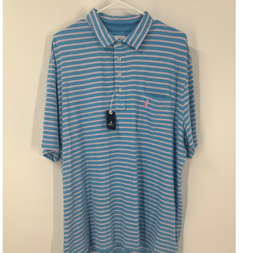Johnnie-O Mens Hangin‎ Out Matthis Striped Short Sleeve Polo Shirt Maya Blue XXL